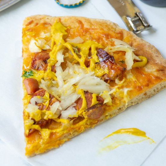 Beer Pizza Crust with hot dogs