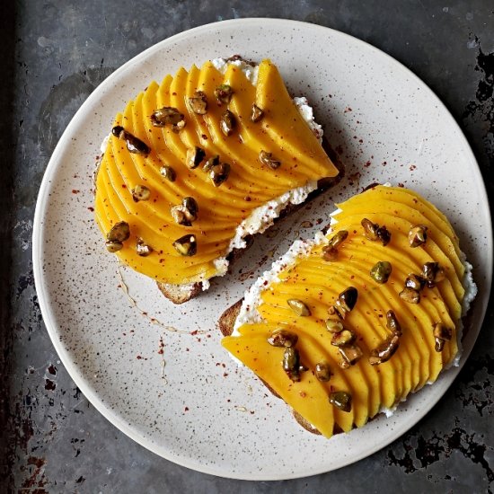 Ricotta Toasts W/ Mango, Pistachios