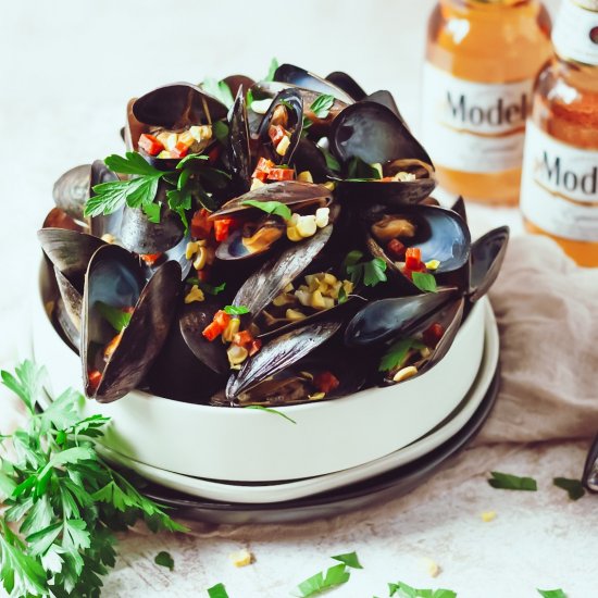 Mussels with beer, chorizo and corn