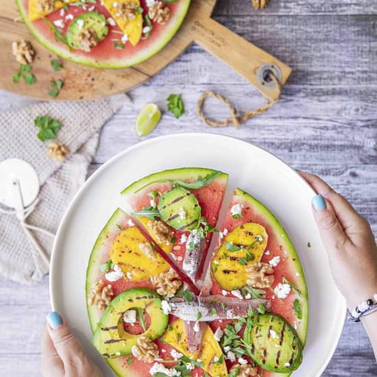 Watermelon pizza with grilled mango