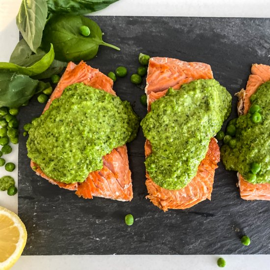 Pan Seared Salmon & Pea Basil Pesto