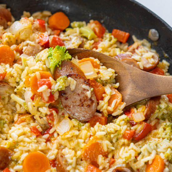 Cheesy Sausage Veggies and Rice