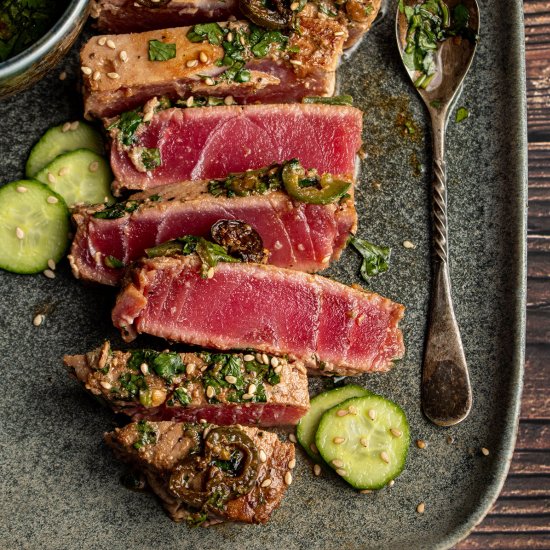 Seared ahi tuna with chili basil