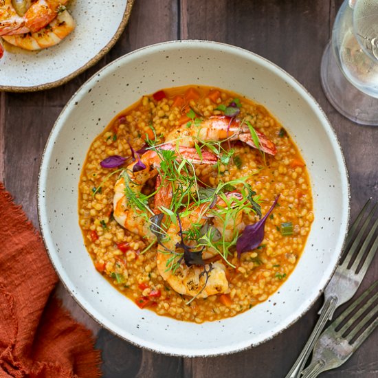 Fregola Sarda with Garlic Prawns