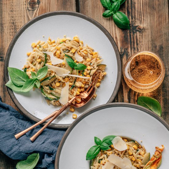 Squash blossom pasta with pesto