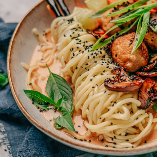 Spicy chicken ramen noodle soup