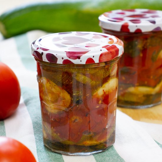 Tomato and zucchini in a jar