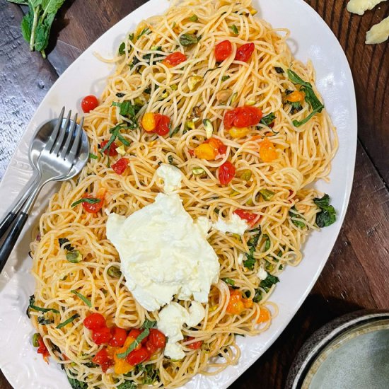 Summer Tomato and Burrata Spaghetti