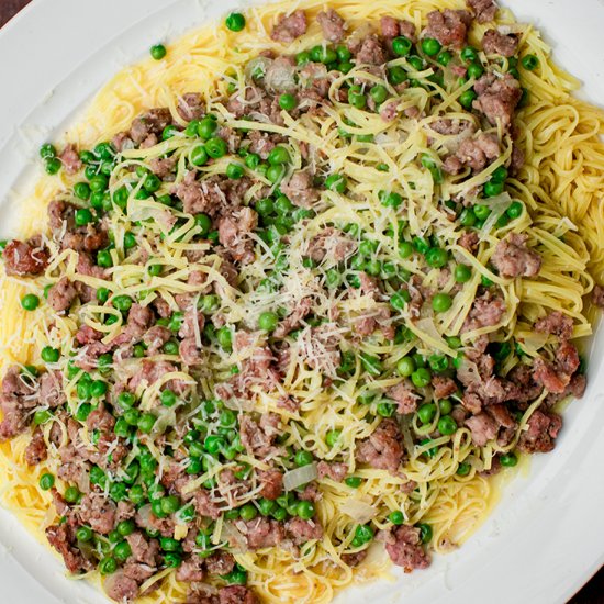 Italian sausage, peas & taglierini