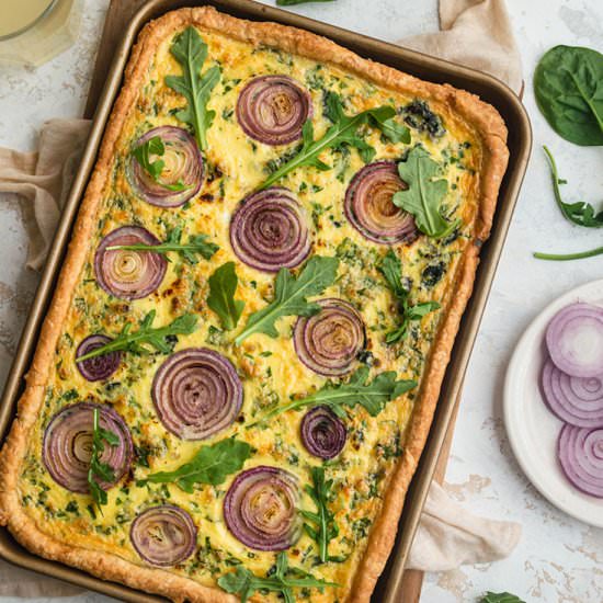 Spinach and Onion Sheet Pan Quiche