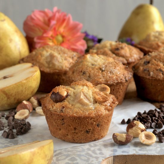 pear hazelnut chocolate chip muffin