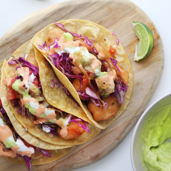 Beer-battered shrimp and fish tacos