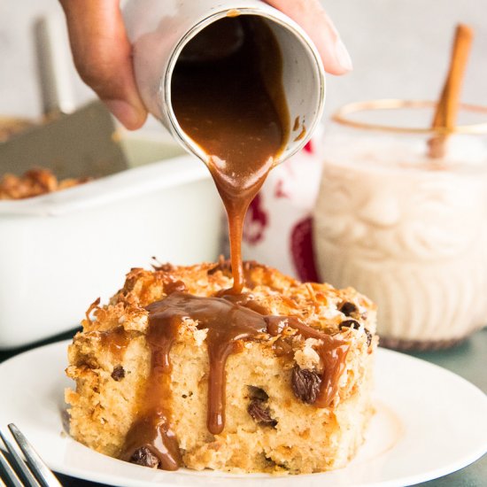 Coquito Bread Pudding with Sauce