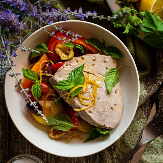 Tuna Confit with Tomato Olive Salad