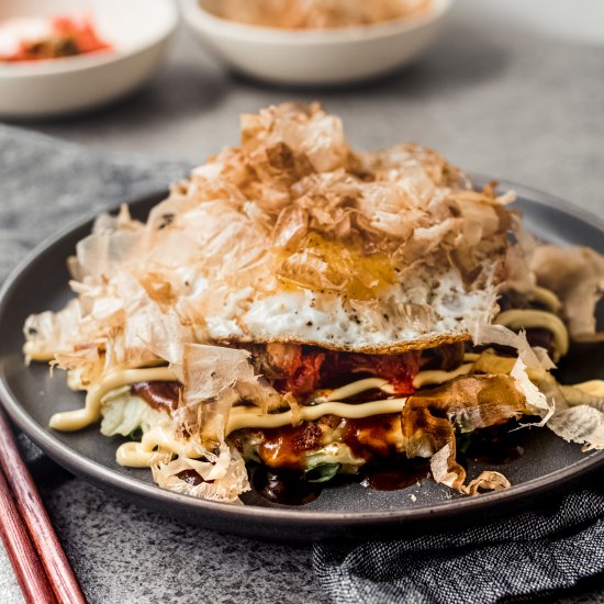 Okonomiyaki with Kimchi + Fried Egg