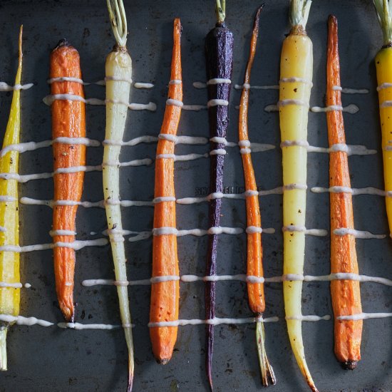 Maple-roasted carrots, tahini sauce