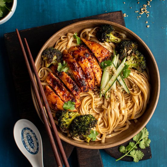 Sticky roasted chicken with noodles