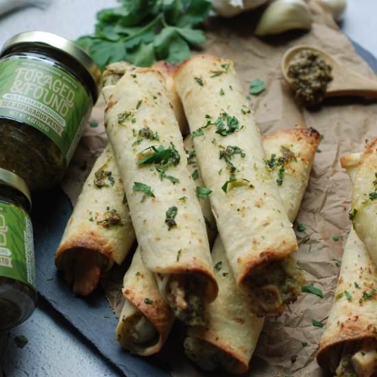 Garlic Bread Pesto Chicken Taquitos