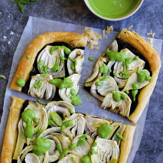 Fennel, olive & spinach pesto tart