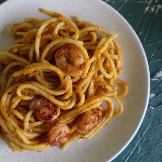 Pumpkin & Carrot Pasta (with Prawns