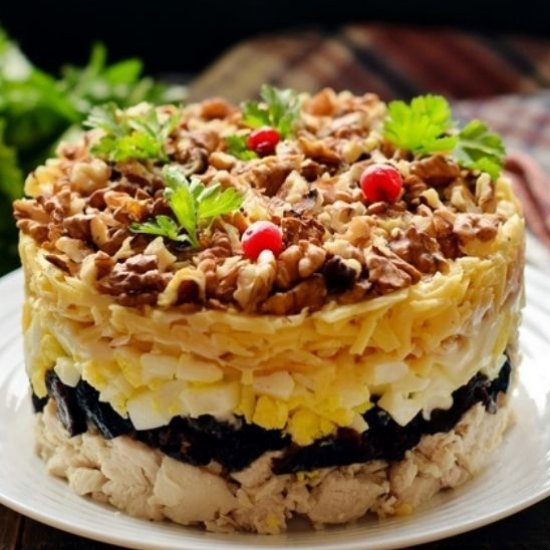 Layered Chicken Salad with Prunes