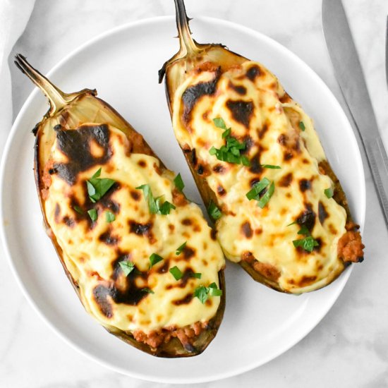 Papoutsakia (Greek Stuffed Eggplant