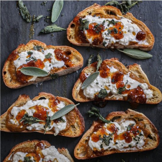 Pumpkin Burrata Toasts with fig