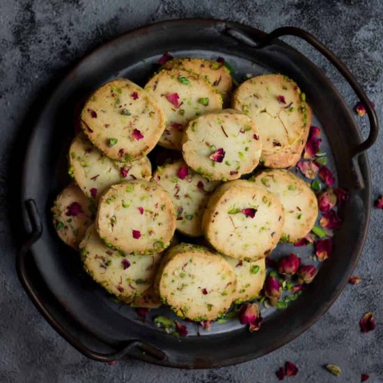 Eggless Rose Pistachio Cookies