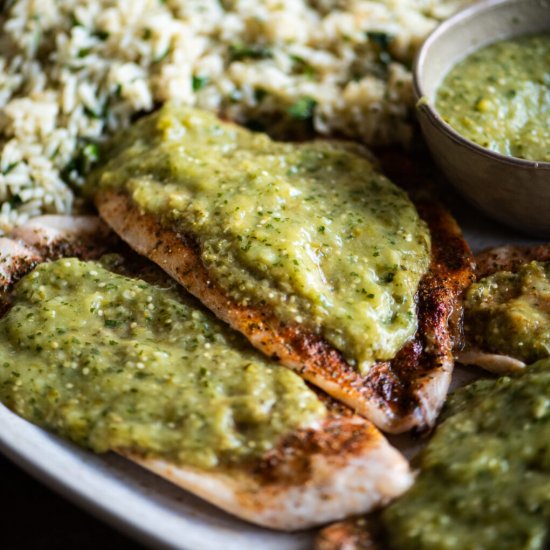 Salsa Verde Flounder with Rice