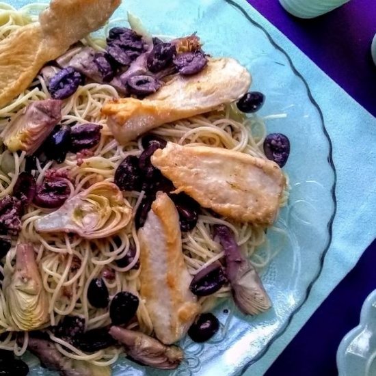 kalamata chicken over pasta