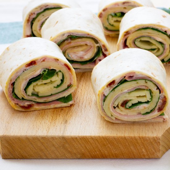 Tortilla rolls with ham and cheese