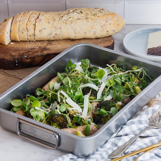 Sausage tray bake with broccoli