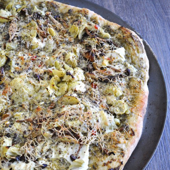 Pesto Pizza w/ Ricotta, Olives, Art