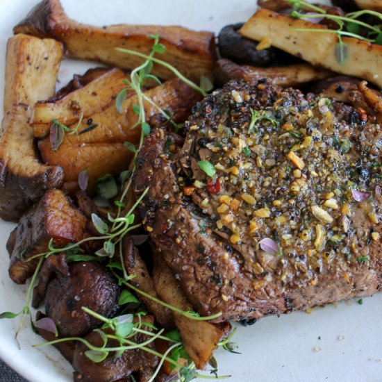 NY Strip Steak w/Wild Mushrooms