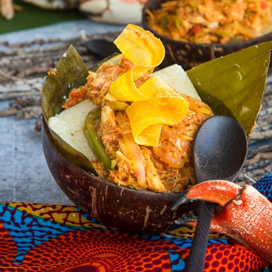 Stewed Crab w/Coconut Grits Cakes