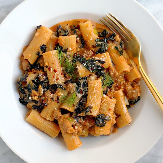 Rigatoni with Sausage and Red Kale