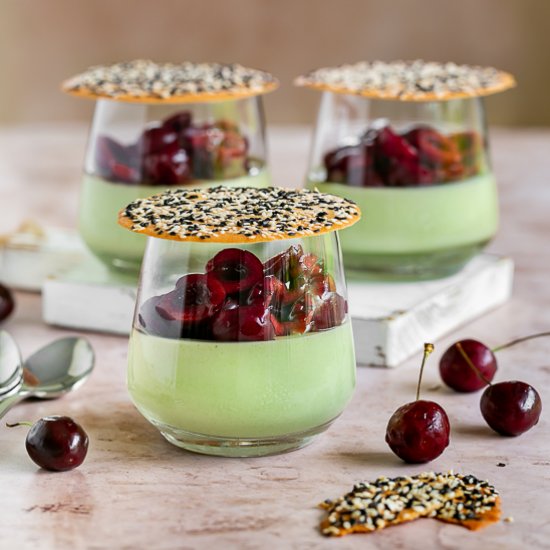 Matcha Panna Cotta with Cherries