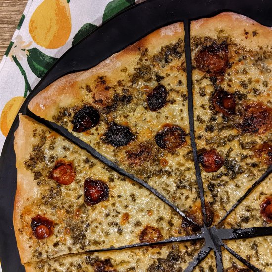 Tomato, Mozzarella, and Pesto Pizza