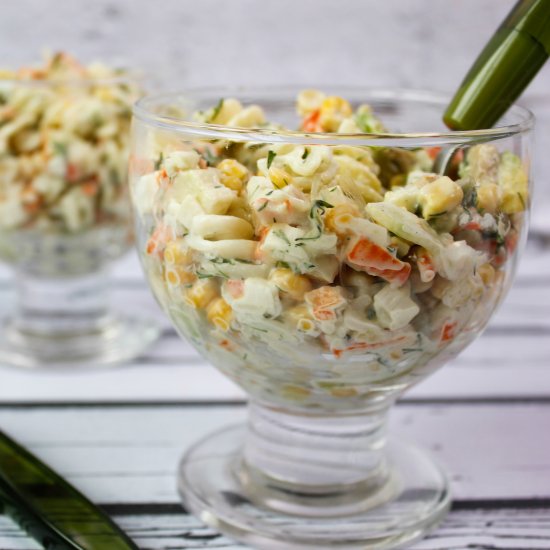 Pasta salad with crab sticks