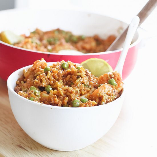 PAELLA WITH BROWN RICE, SHRIMP