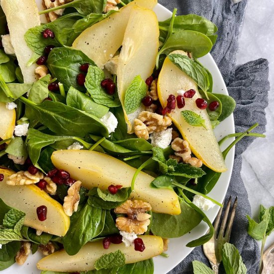 Poached Pear + Spinach Salad