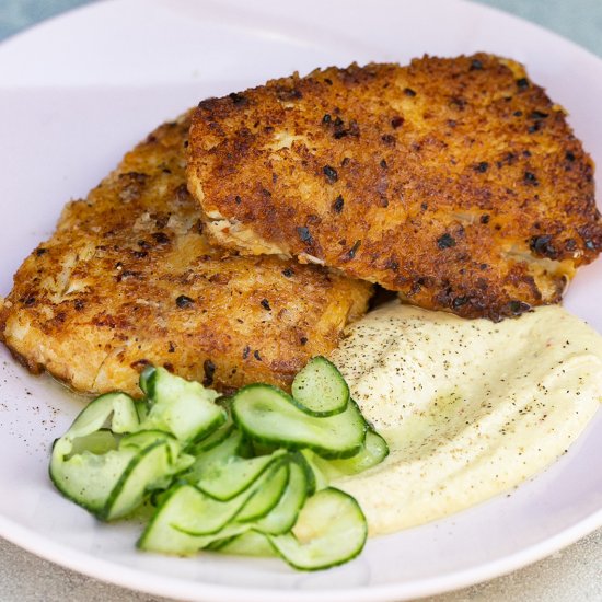 Harissa Crumbed Fish with Hummus