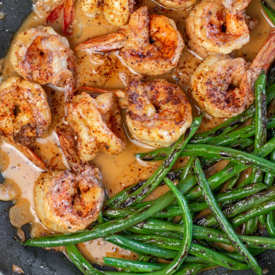 Chili shrimp blackened green beans