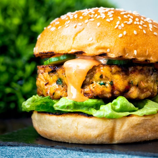 Fish Burger with Sriracha Mayo