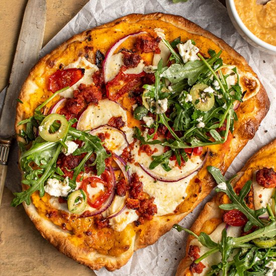 Chorizo and hummus naan pizza