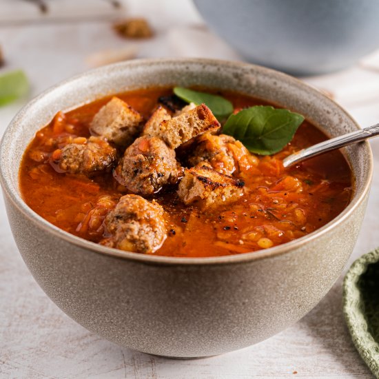 Tomato Lentil Soup with Meatballs