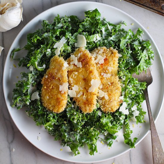 Kale Caesar Salad & Baked Chicken