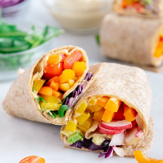 Vegan Rainbow Veggie Hummus Wraps