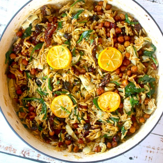 Lemon Chickpea Orzo Skillet