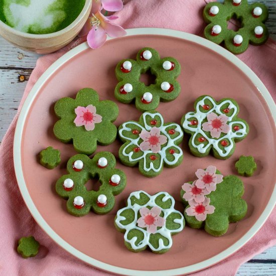 Sakura Shortbread Matcha Cookies